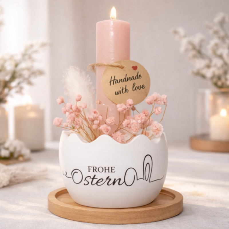 Osternest Rosa mit Kerze und Bambusteller kaufen Osterdeko mit Trockenblumen